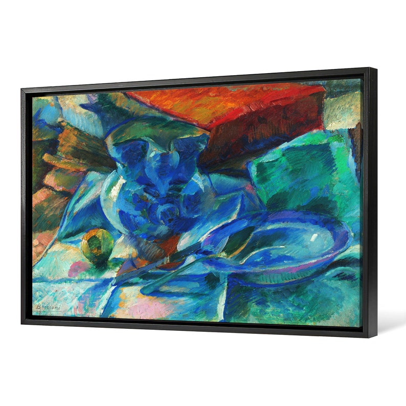 Umberto Boccioni, Nature morte de poterie, couverts et fruits, impression sur toile, art sur toile, art mural sur toile, art mural sur grande taille, art mural encadré, p2116 Framed canvas black
