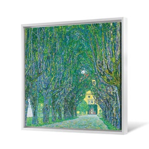 May include: A painting of a tree-lined path leading to a yellow building. The trees are painted in a pointillist style with green, blue, and yellow hues.