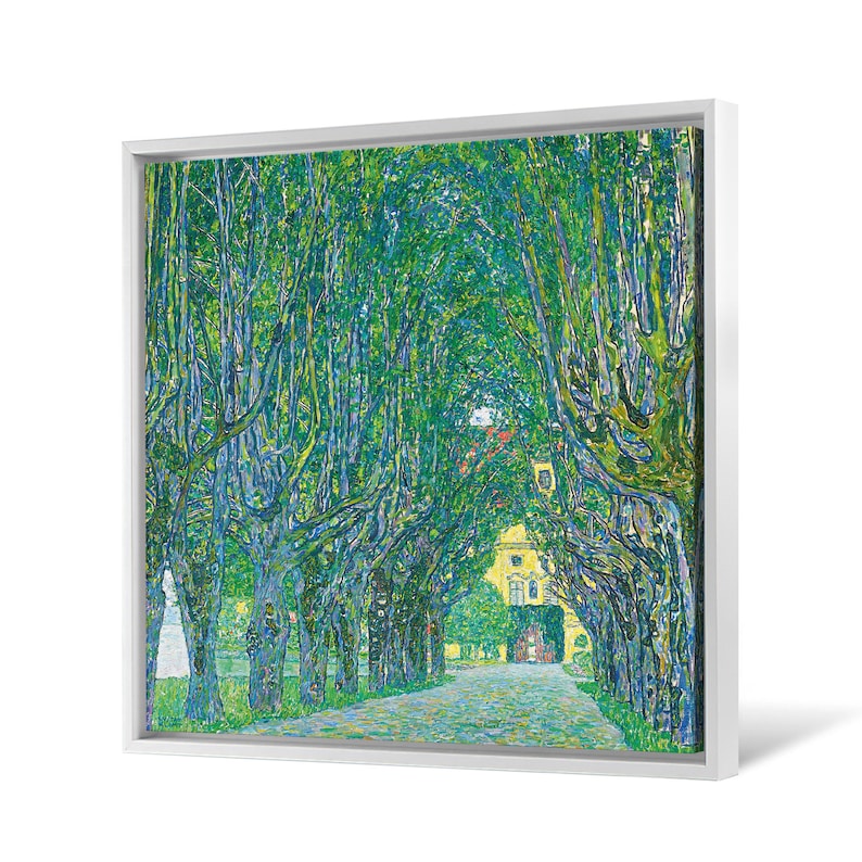 May include: A painting of a tree-lined path leading to a yellow building. The trees are painted in a pointillist style with green, blue, and yellow hues.