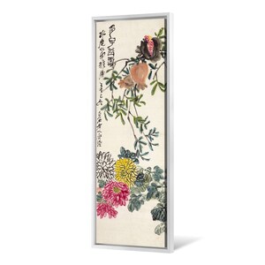May include: A vintage Japanese painting of a pomegranate branch with red, yellow and white flowers. The painting is framed in a white frame and includes Japanese text.
