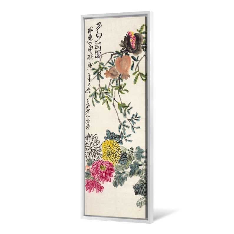 May include: A vintage Japanese painting of a pomegranate branch with red, yellow and white flowers. The painting is framed in a white frame and includes Japanese text.