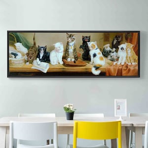 May include: A framed painting of a group of cats sitting on a wooden ledge. The cats are various colors, including black, white, brown, and orange. The painting is set against a light brown background.