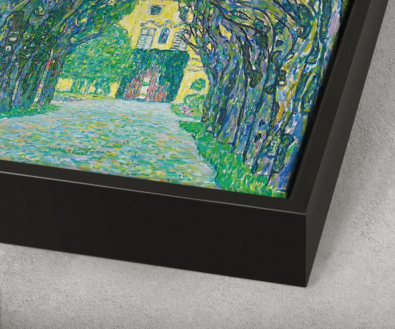 May include: A framed painting of a pathway lined with trees leading to a yellow building. The trees are painted in a pointillist style with blue, green, and yellow hues. The pathway is a light blue and green color.
