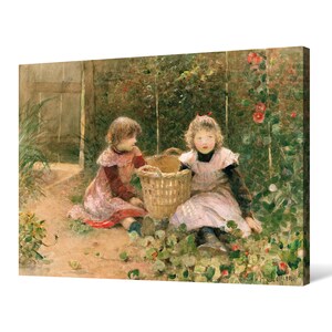 Puede incluir: Dos ni&ntilde;as peque&ntilde;as con vestidos est&aacute;n sentadas en un jard&iacute;n, una de ellas sosteniendo una cesta de mimbre. Las ni&ntilde;as est&aacute;n rodeadas de follaje verde y flores. La pintura est&aacute; realizada en estilo acuarela.