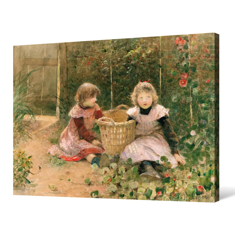 Puede incluir: Dos ni&ntilde;as peque&ntilde;as con vestidos est&aacute;n sentadas en un jard&iacute;n, una de ellas sosteniendo una cesta de mimbre. Las ni&ntilde;as est&aacute;n rodeadas de follaje verde y flores. La pintura est&aacute; realizada en estilo acuarela.