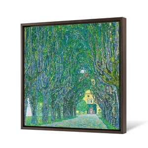 May include: A painting of a tree-lined path leading to a yellow building. The trees are painted in a pointillist style with green, blue, and white dots. The path is paved with a light gray stone.
