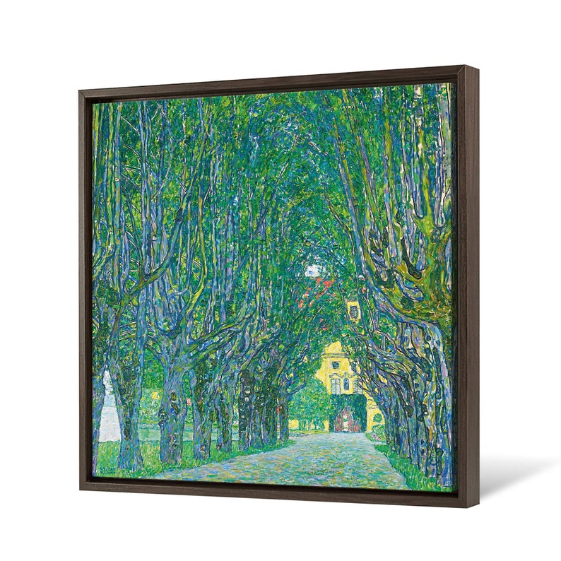 May include: A painting of a tree-lined path leading to a yellow building. The trees are painted in a pointillist style with green, blue, and white dots. The path is paved with a light gray stone.
