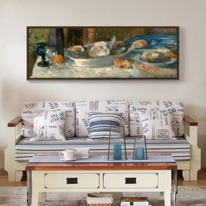 May include: A framed painting of a still life featuring a bowl of oysters, a plate with a lemon, and a glass of wine on a white tablecloth.