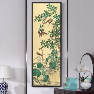 May include: A vertical painting of a tree with green leaves and small brown birds perched on branches. The background is a light yellow color.