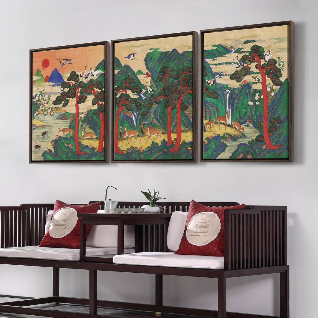 Painting of Ten Longevity Symbols on Ten,deer in Pine Forest,triptych ...