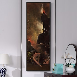 May include: A painting depicting a scene of hell with a fiery mountain in the background. Three figures are depicted in the foreground, one of which is a green demon. The painting is framed in a black frame.