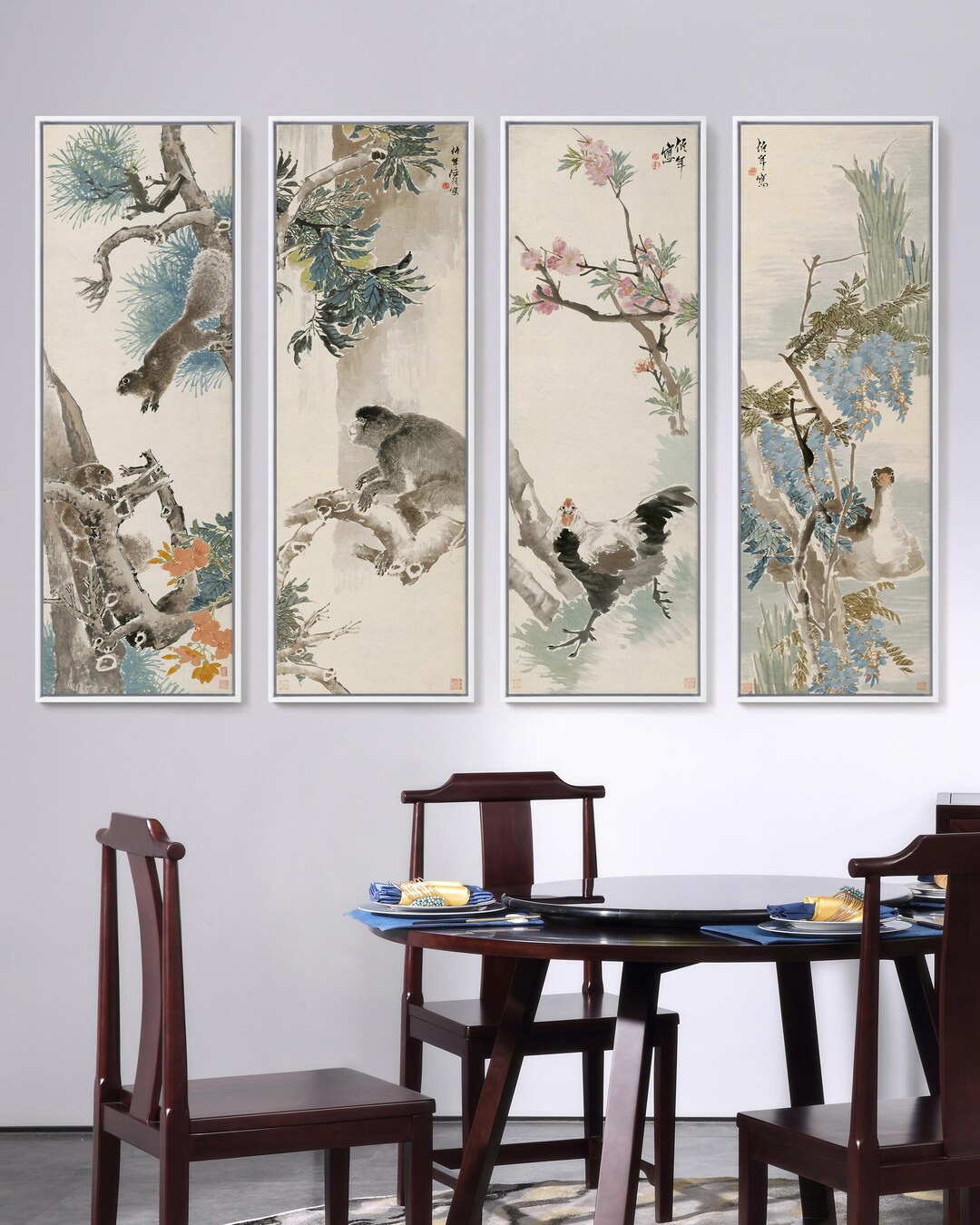 Ren Yi Animal Canvas Print Set, Chinese Squirrel Monkey Rooster Bird ...