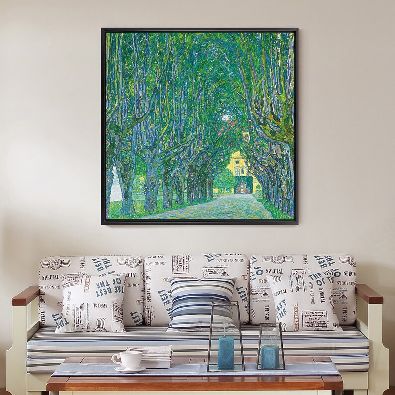May include: A framed painting of a tree-lined path leading to a building. The trees are green and the path is a light gray. The building is yellow with a red roof.