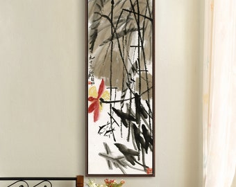 Qi Baishi, pez en estanque de lotos, pintura china, arte vertical estrecho, arte de pared grande, arte de pared enmarcado, arte de pared de lienzo, M611