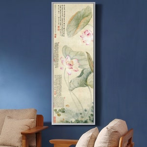 Yun Shouping, Chinese Lotus Art, Chinese Floral Art, Verticale Smalle Kunst, grote kunst aan de muur, ingelijste kunst aan de muur, canvas kunst aan de muur, M879