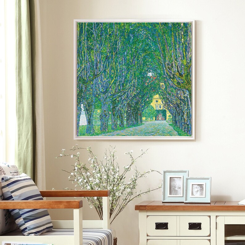 May include: A painting of a tree-lined path leading to a building. The trees are green and the path is lined with white stones. The building is yellow and has a red roof.