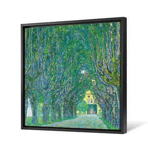 May include: A painting of a tree-lined path leading to a yellow building. The trees are painted in a pointillist style with green, blue, and yellow hues.