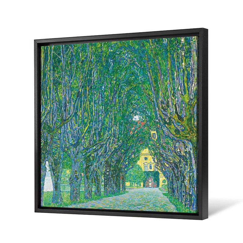 May include: A painting of a tree-lined path leading to a yellow building. The trees are painted in a pointillist style with green, blue, and yellow hues.