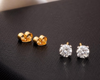 14K Solid Gold Moissanite Solitaire Stud Earrings for Men & Women, Round Cut Diamond Earrings, Minimalist Dainty Gold Jewelry Gift