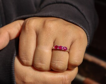 Natural Ruby Ring - 925 Sterling Silver Stackable Ring - Red Gemstone Stacking Ring - Dainty Minimalist Birthstone Promise Ring for Her