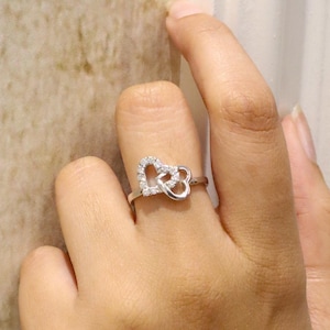 Moissanite Double Heart Ring - 925 Sterling Silver Statement Ring - Dainty Love Promise Ring - Birthday/Anniversary Gift For Her/Girlfriend