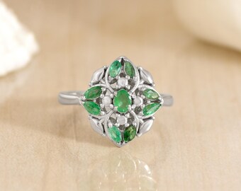 Victorian Style Emerald Statement Ring, 925 Sterling Silver Vintage Ring, Art Deco Gemstone Cocktail Ring, Unique Anniversary Jewelry Gift