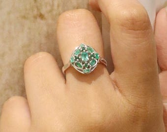 Vintage Style Emerald Halo Cluster Ring, 925 Sterling Silver Art Deco Gemstone Statement Ring, Cocktail Ring, Unique Jewelry Gift for Her