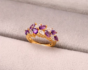 Unique 18K Gold Amethyst Ring - Moissanite Ring, Statement Marquise Engagement Ring, Gemstone Jewelry Gift For Mom, Girlfriend, Promise Ring