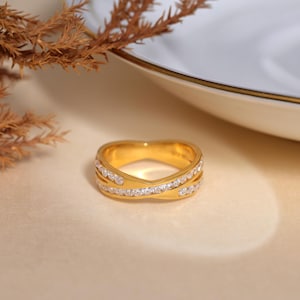 Crossover Matching Wedding Band For Her, Half Eternity Stacking Engagement Ring, Round Brilliant Cut Moissanite Ring, Valentine&#39;s Day Gift