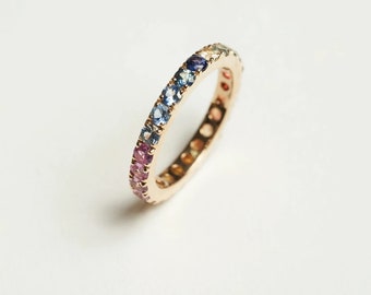 Rainbow sapphire multi sapphire eternity band ring in 14k 18k gold | 2.0 mm round natural rainbow sapphire pink sapphire rainbow ring gold