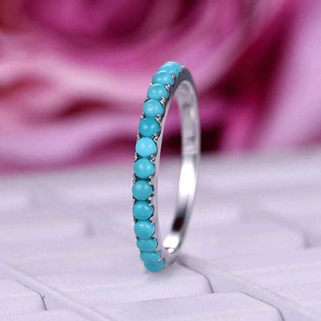 Solid 925 Sterling Silver Turquoise Eternity Band Ring - Classic Style, Sizes 5-10