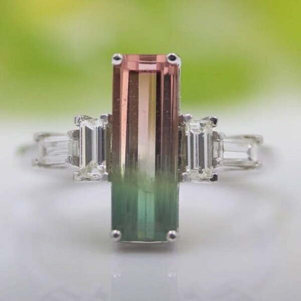 Watermelon tourmaline ring, Unique engagement ring, Bicolor art deco baguette ring