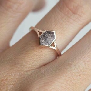 black rutilated quartz engagement ring rose gold art deco vintage hexagon promise ring unique hexagon cut Anniversary ring gift for her