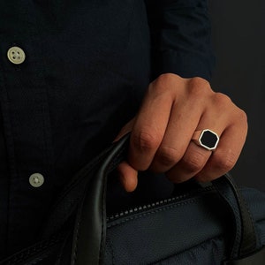 Mens black onyx ring - Signet pinky ring - Sterling silver 925 - Onyx set octagon silver mens ring - Gift for men