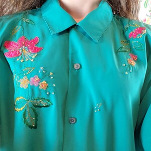 Vintage green blouse with hot pink embroidered flowers | Etsy