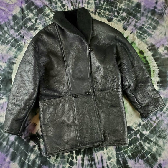70's vintage Heavy Winter black leather Coat with