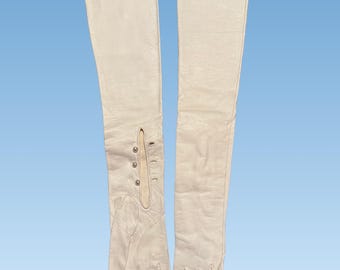 Vintage White Leather Opera-Length Gloves w/ Three Pearls Size 6 1/2 22"