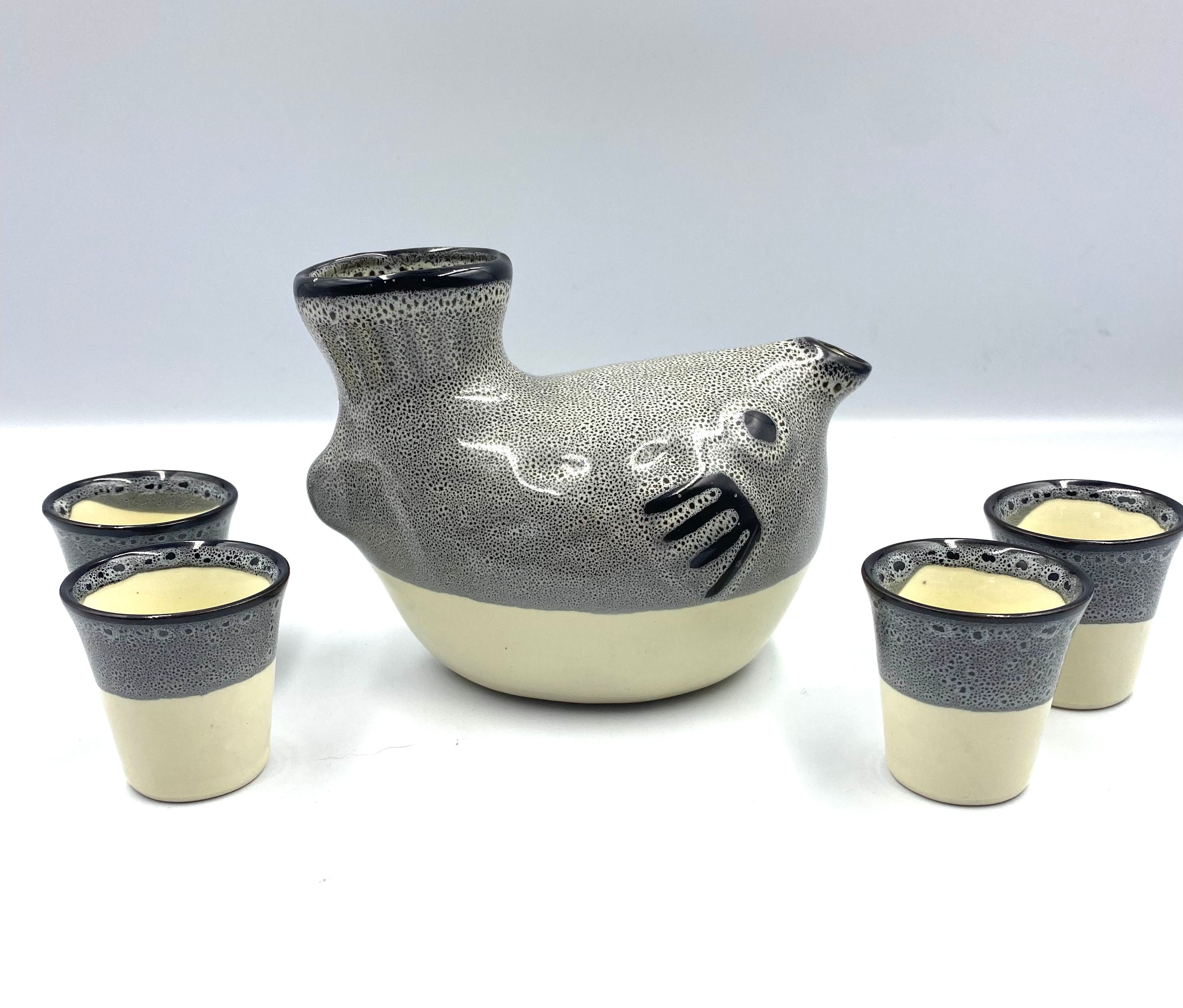 Vintage Fugu Sake Set: Puffer Fish Bottle With 3 Cups, Nakagama