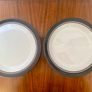 May include: Two white ceramic plates with brown and black trim. The plates are on a wooden surface.