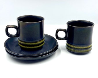 Pair of Denby Bokhara / Kismet blue and green cups and saucers. Made in England