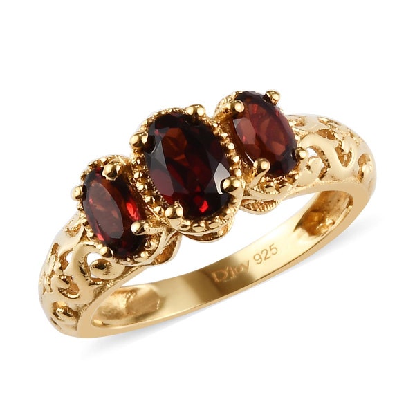 1.20 ctw Mozambique Garnet Openwork Trilogy Ring in 14K Yellow Gold Over Sterling Silver-Garnet Jewelry-Vintage Ring-Anniversary Gift