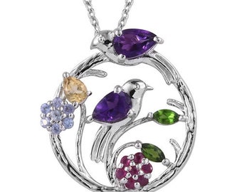 Nature Inspired Sterling Silver Multi Gemstones Birds Flowers Pendant with Adjustable Chain 18''-Nature Inspired Jewelry-Birds Jewelry