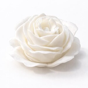 May include: A close-up of a white rose with multiple layers of delicate petals. The flower is centered against a white background, showcasing its intricate details and soft texture. The rose appears to be in full bloom.