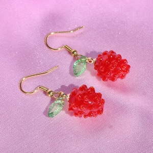 Raspberry Dangle Earrings: Red Glass Berries, Stainless Steel Hooks