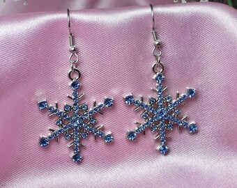 Sky Blue Snowflake Earrings, Stainless Steel Hooks, Crystal Rhinestone Jewelry, Winter Wonderland, Snow Aesthetic, Cute Christmas Gift