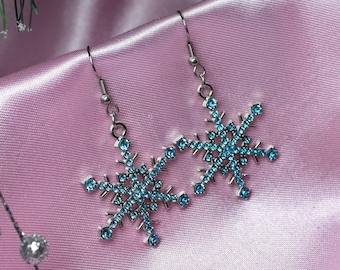 Turquoise Blue Snowflake Earrings, Stainless Steel Hooks, Crystal Rhinestone Jewelry, Winter Wonderland, Snow Aesthetic, Cute Christmas Gift
