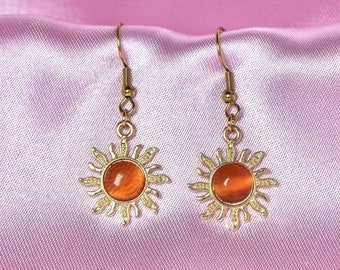 Vintage Golden Sun Dangle Earrings: Orange Rhinestone Bohemian Jewelry