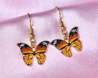 Orange Monarchfalter Schmetterling Ohrringe, Edelstahl Haken, baumelnde Schmetterlinge, niedlicher Insekt Schmuck, Fairycore Ästhetik, Fee Geschenke