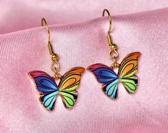 Rainbow Butterfly Dangle Earrings: Golden Stainless Steel Fairycore Jewelry