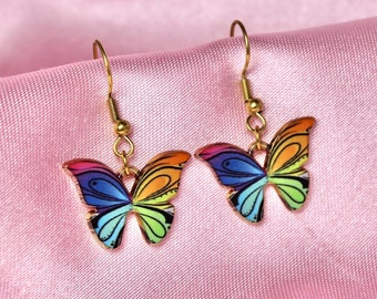 Rainbow Golden Butterfly Earrings, Stainless Steel Hooks, Cute Colorful Fantasy Jewelry, Fairycore Aesthetic, Fairy Gifts